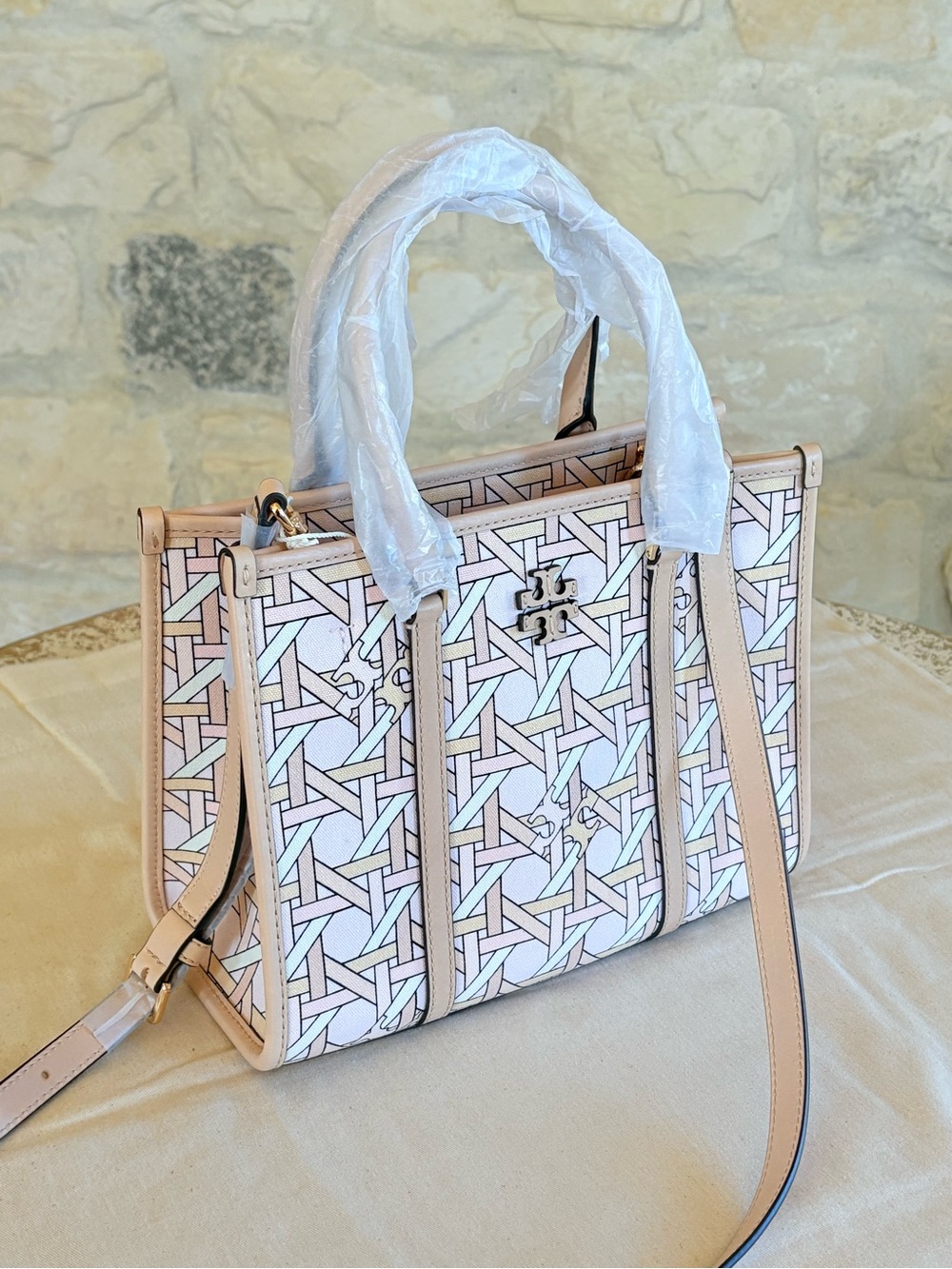 Tory Burch Pastel Pink Patterned Satchel with Logo Accent